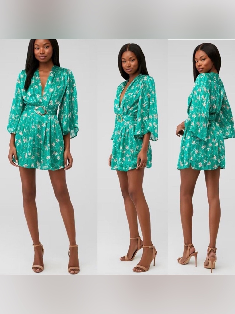 Sabina Musayev ‘Adeline’ Emerald Green Floral Belted mini dress